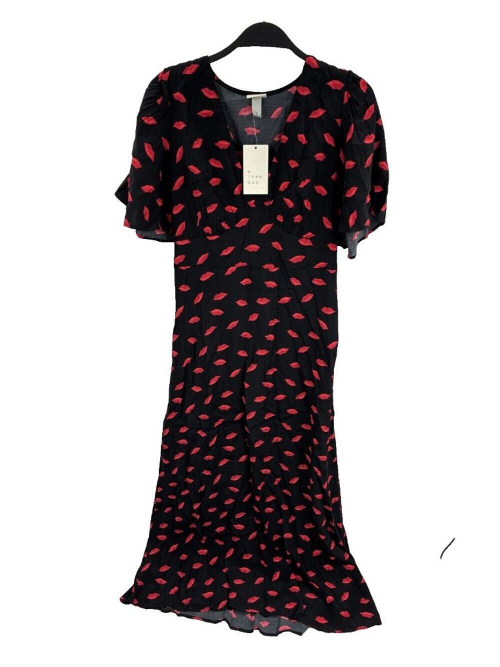 A New Day Womens Maxi Dress Black Red Lips Print Flutter Sleeve Size 2 New